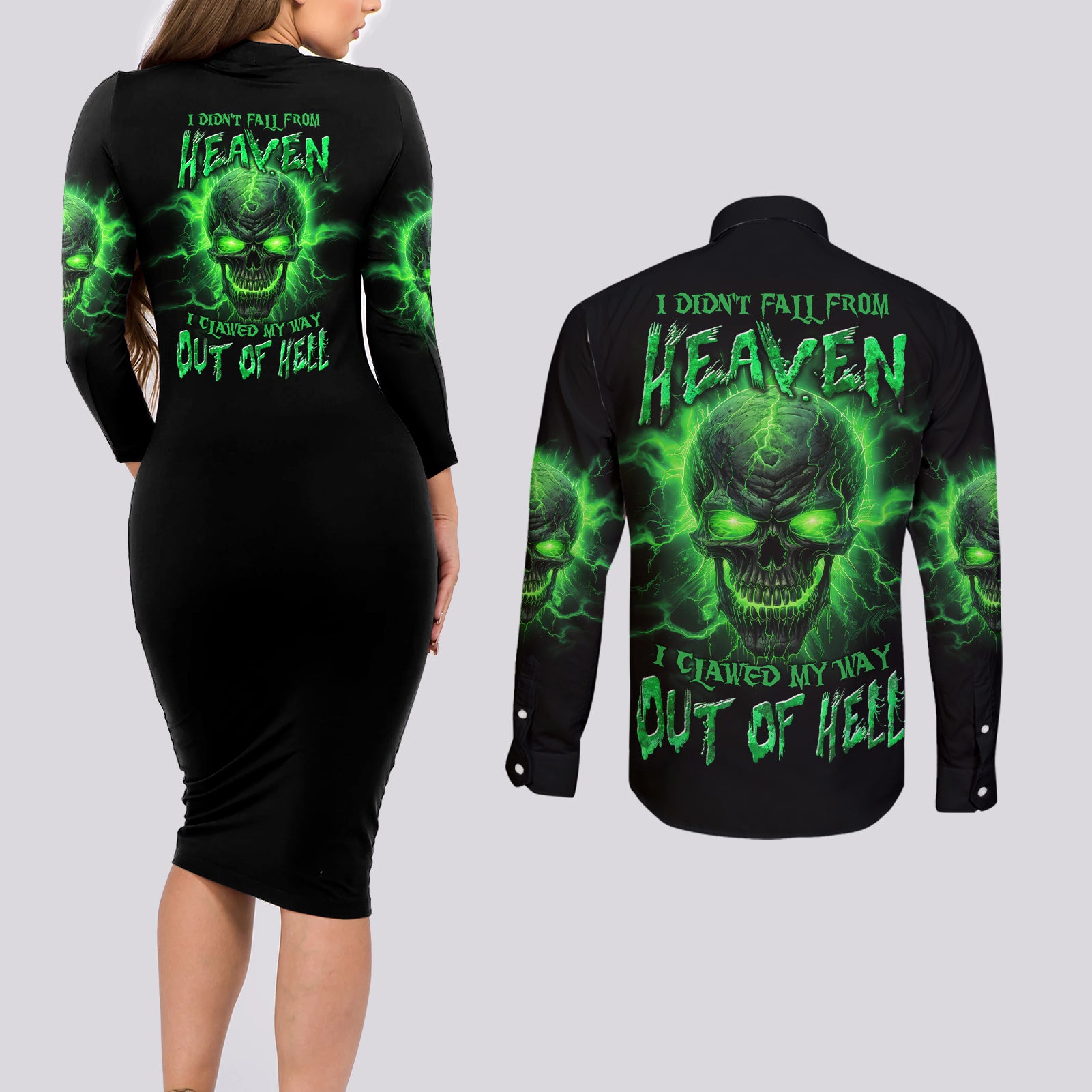 Heaven Don't Want Me Mad Skull Couples Matching Long Sleeve Bodycon Dress and Long Sleeve Button Shirt - Wonder Print Shop
