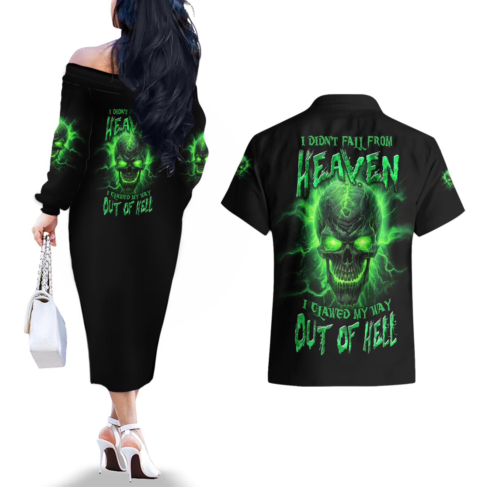 Heaven Don't Want Me Mad Skull Couples Matching Off The Shoulder Long Sleeve Dress and Hawaiian Shirt - Wonder Print Shop