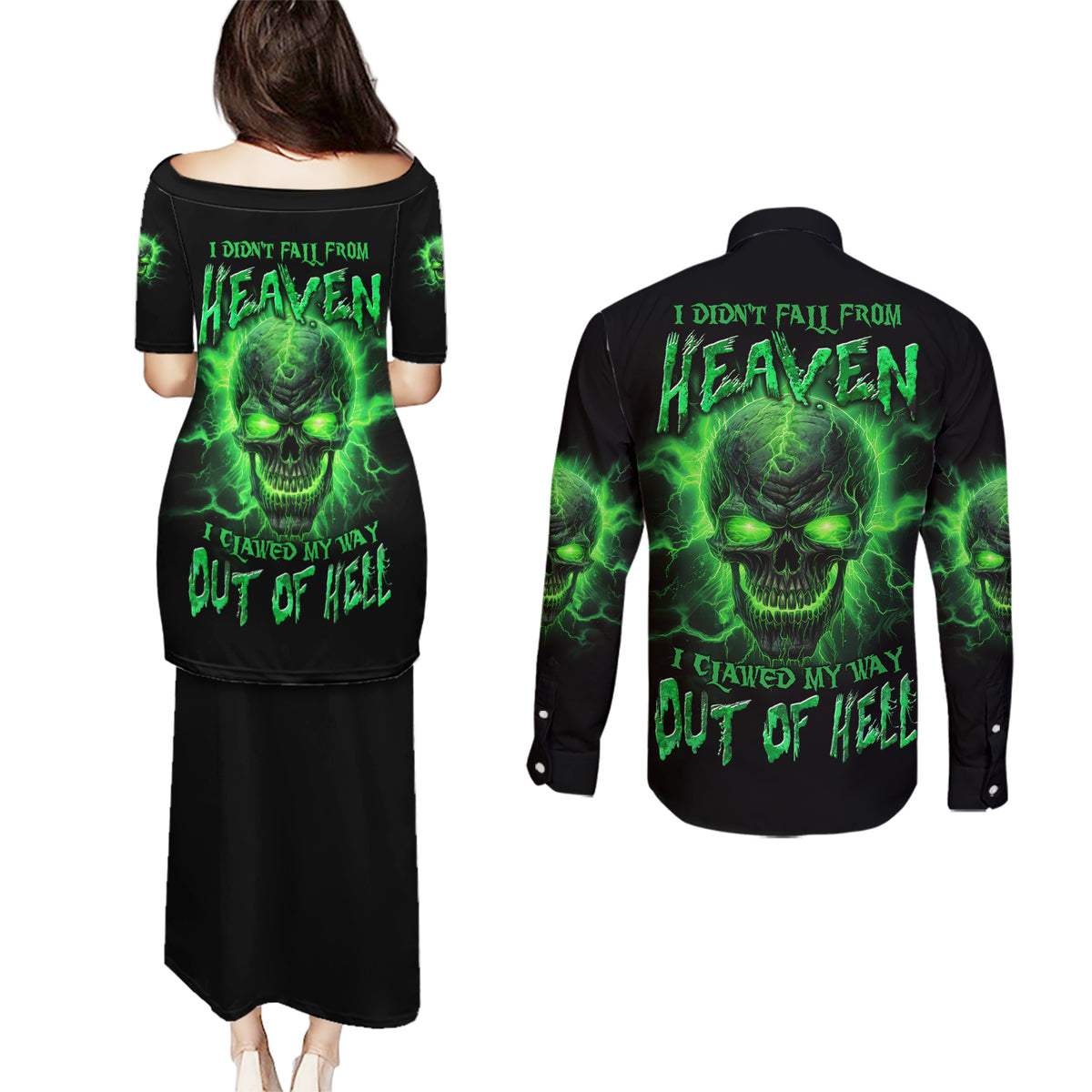 Heaven Don't Want Me Mad Skull Couples Matching Puletasi Dress and Long Sleeve Button Shirt - Wonder Print Shop