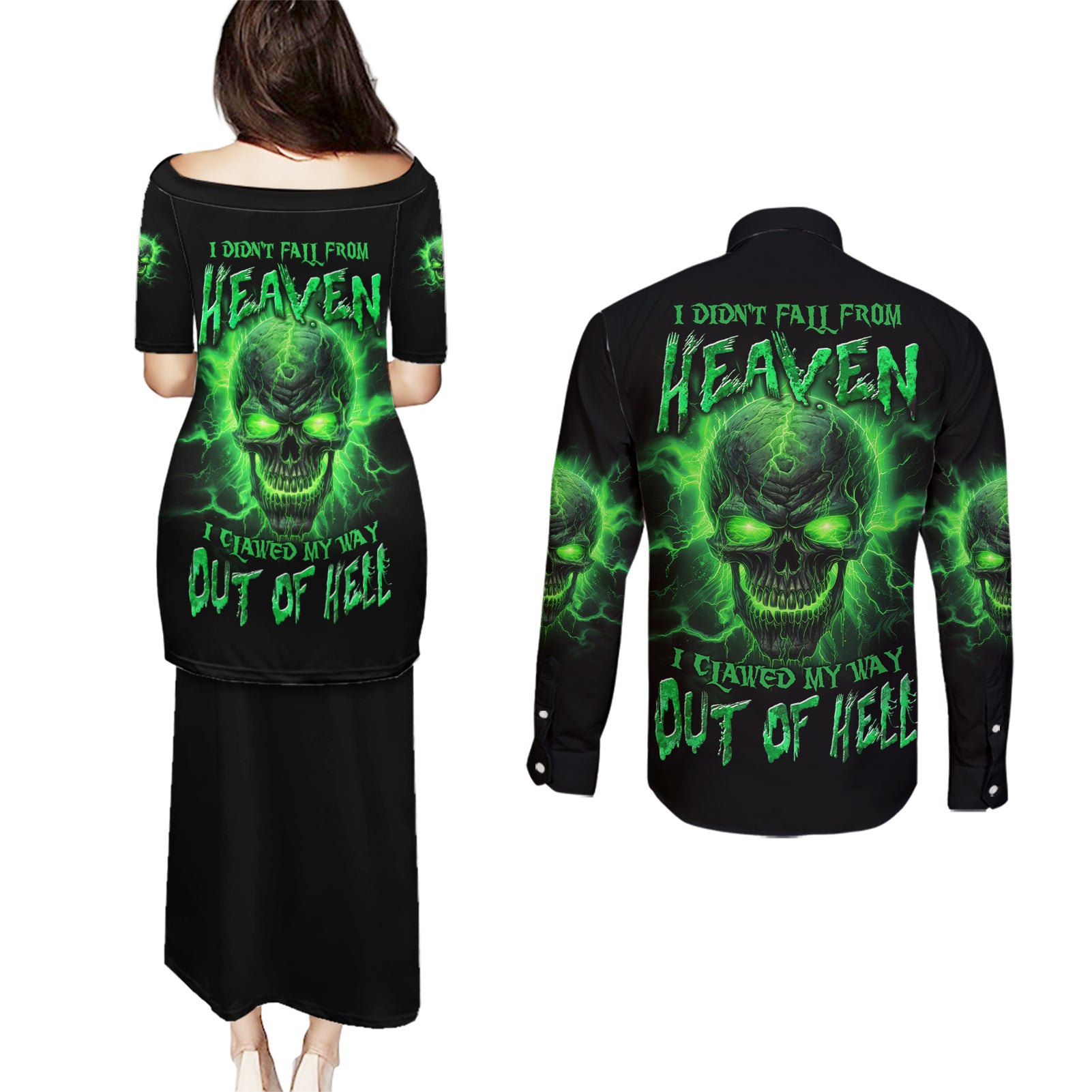 Heaven Don't Want Me Mad Skull Couples Matching Puletasi Dress and Long Sleeve Button Shirt - Wonder Print Shop