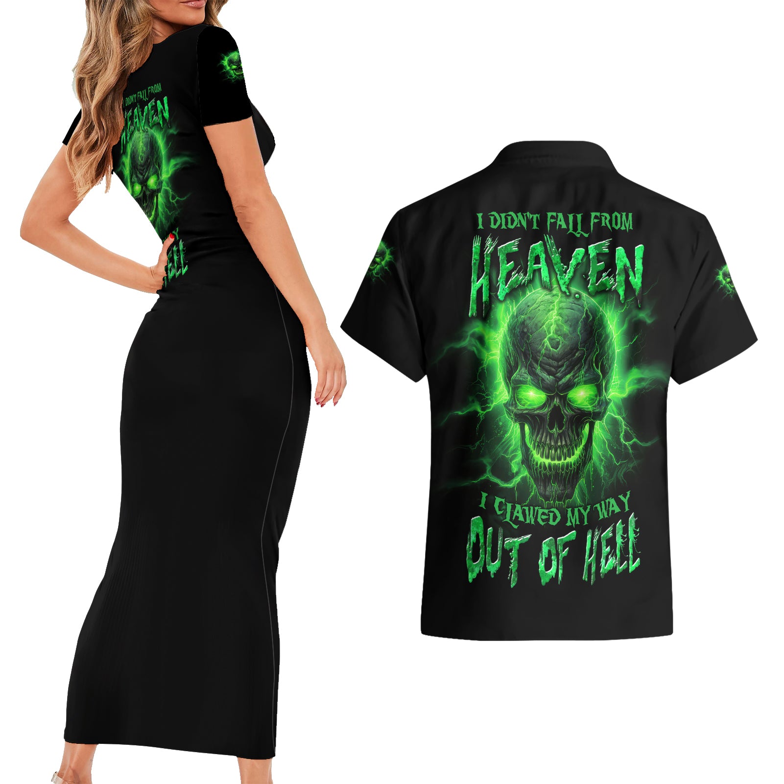 Heaven Don't Want Me Mad Skull Couples Matching Short Sleeve Bodycon Dress and Hawaiian Shirt - Wonder Print Shop