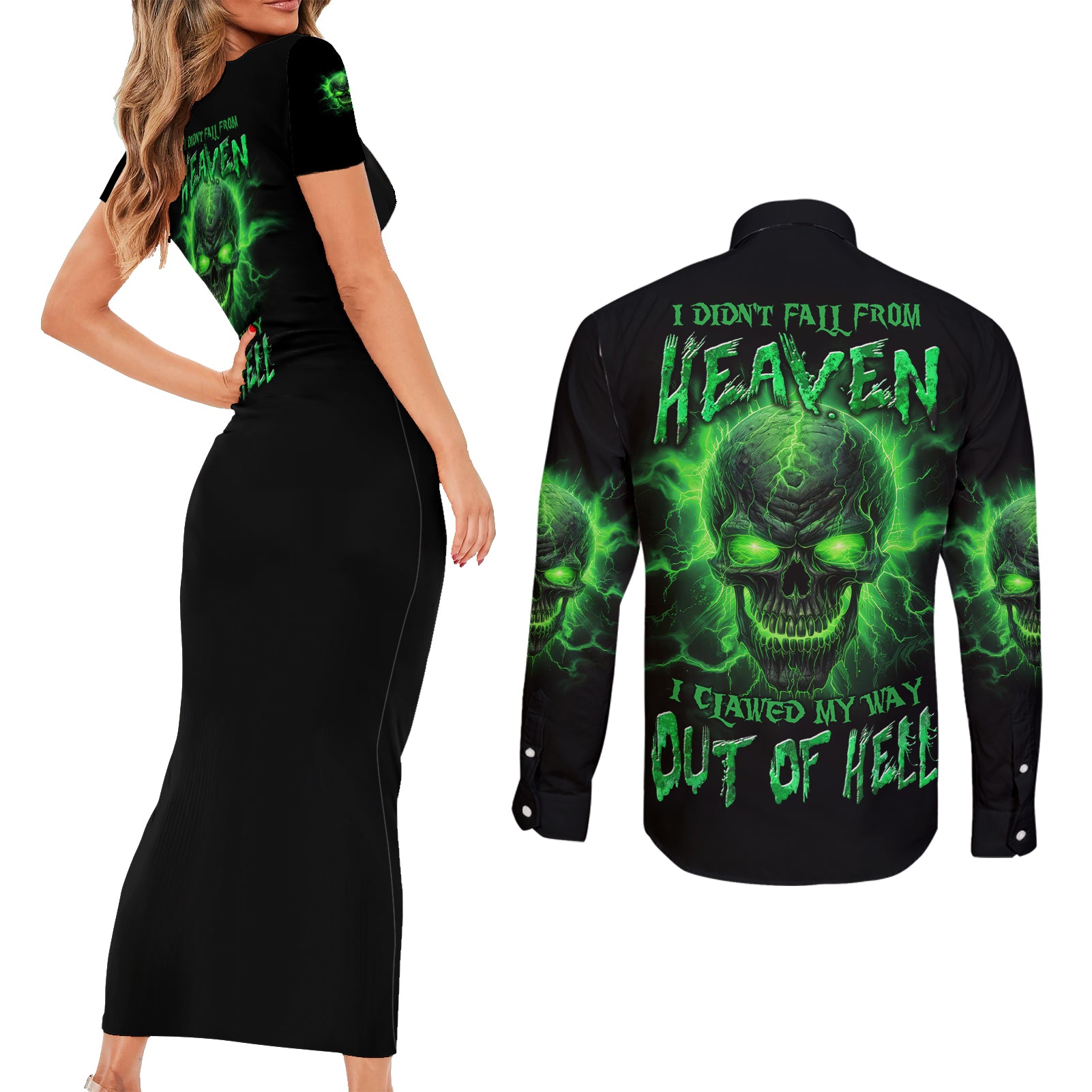 Heaven Don't Want Me Mad Skull Couples Matching Short Sleeve Bodycon Dress and Long Sleeve Button Shirt - Wonder Print Shop