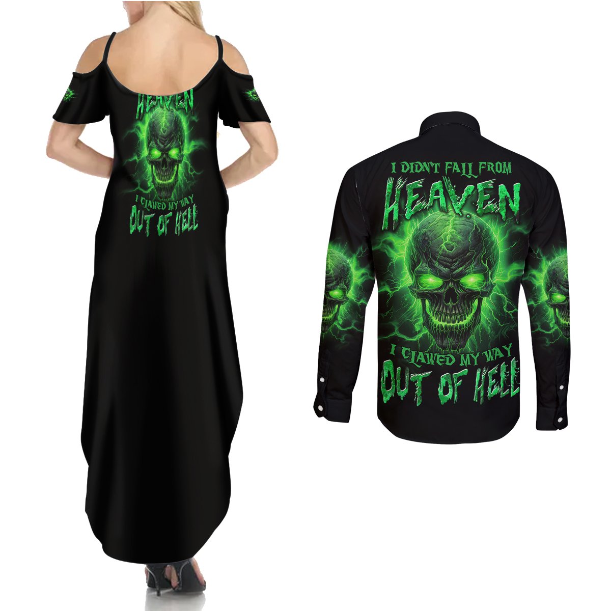 Heaven Don't Want Me Mad Skull Couples Matching Summer Maxi Dress and Long Sleeve Button Shirt - Wonder Print Shop