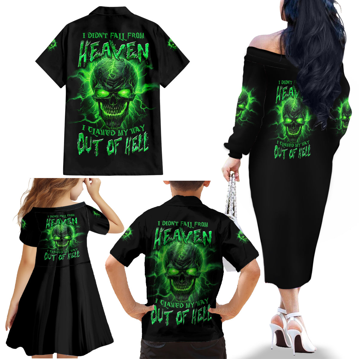 Heaven Don't Want Me Mad Skull Family Matching Off Shoulder Long Sleeve Dress and Hawaiian Shirt - Wonder Print Shop