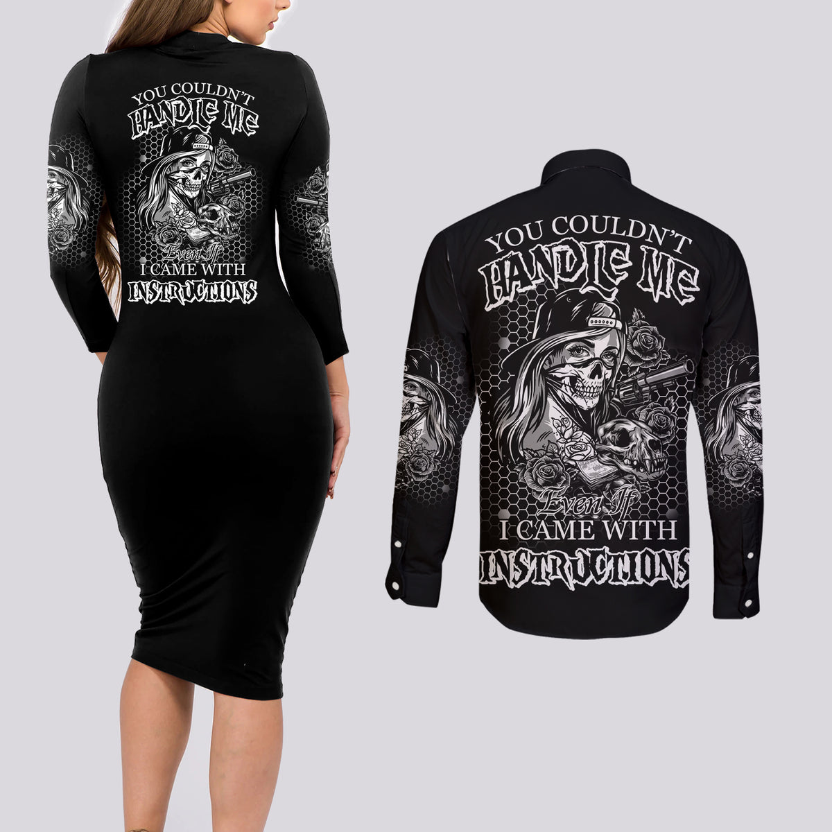 You Couldn't Handle Me B & W Couples Matching Long Sleeve Bodycon Dress and Long Sleeve Button Shirt - Wonder Print Shop