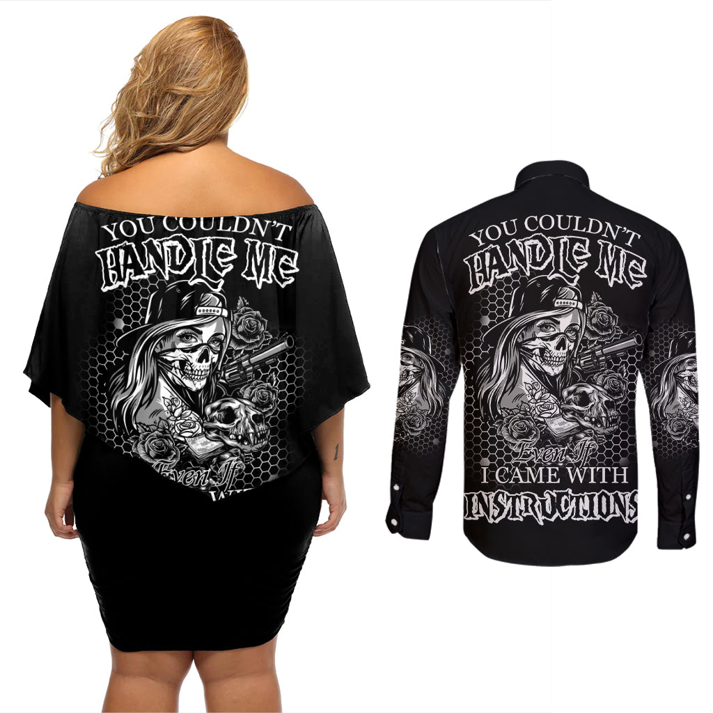 You Couldn't Handle Me B & W Couples Matching Off Shoulder Short Dress and Long Sleeve Button Shirt - Wonder Print Shop