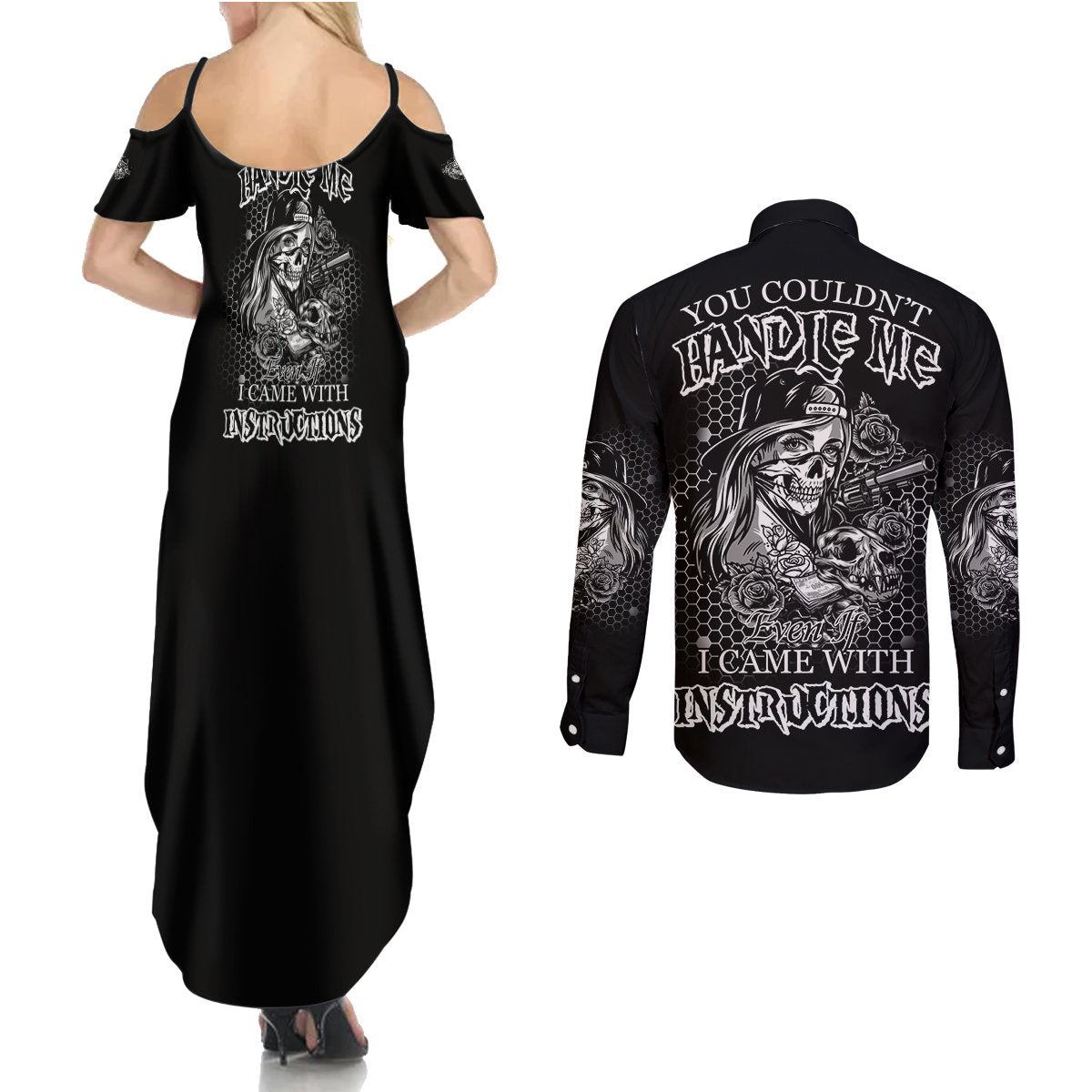 You Couldn't Handle Me B & W Couples Matching Summer Maxi Dress and Long Sleeve Button Shirt - Wonder Print Shop