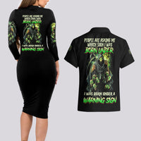 Warning Sign Skull Reaper Couples Matching Long Sleeve Bodycon Dress and Hawaiian Shirt - Wonder Print Shop