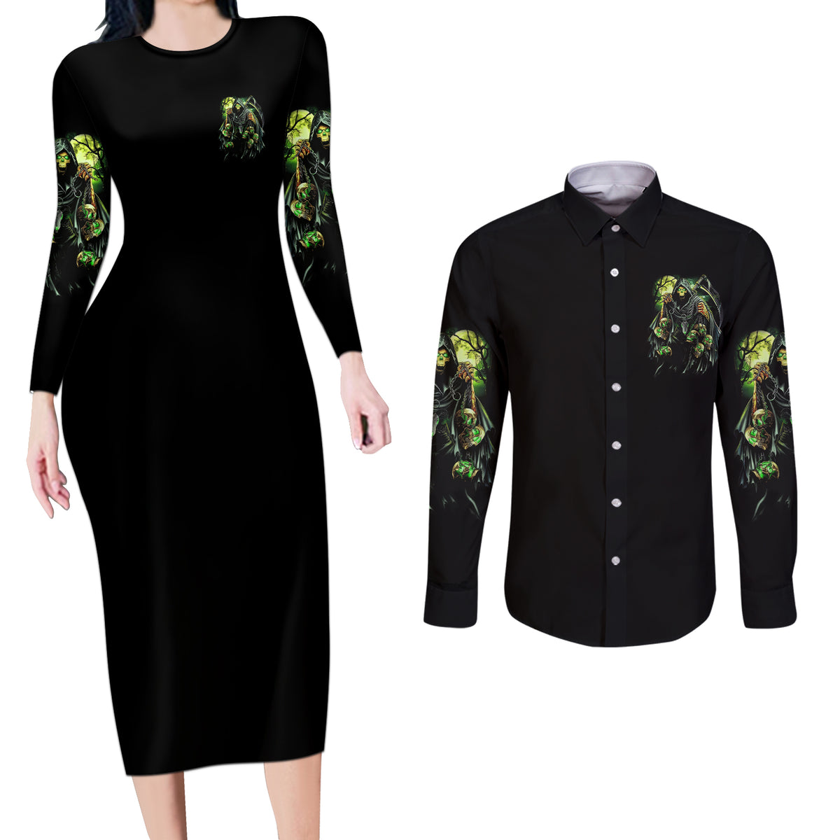 Warning Sign Skull Reaper Couples Matching Long Sleeve Bodycon Dress and Long Sleeve Button Shirt - Wonder Print Shop