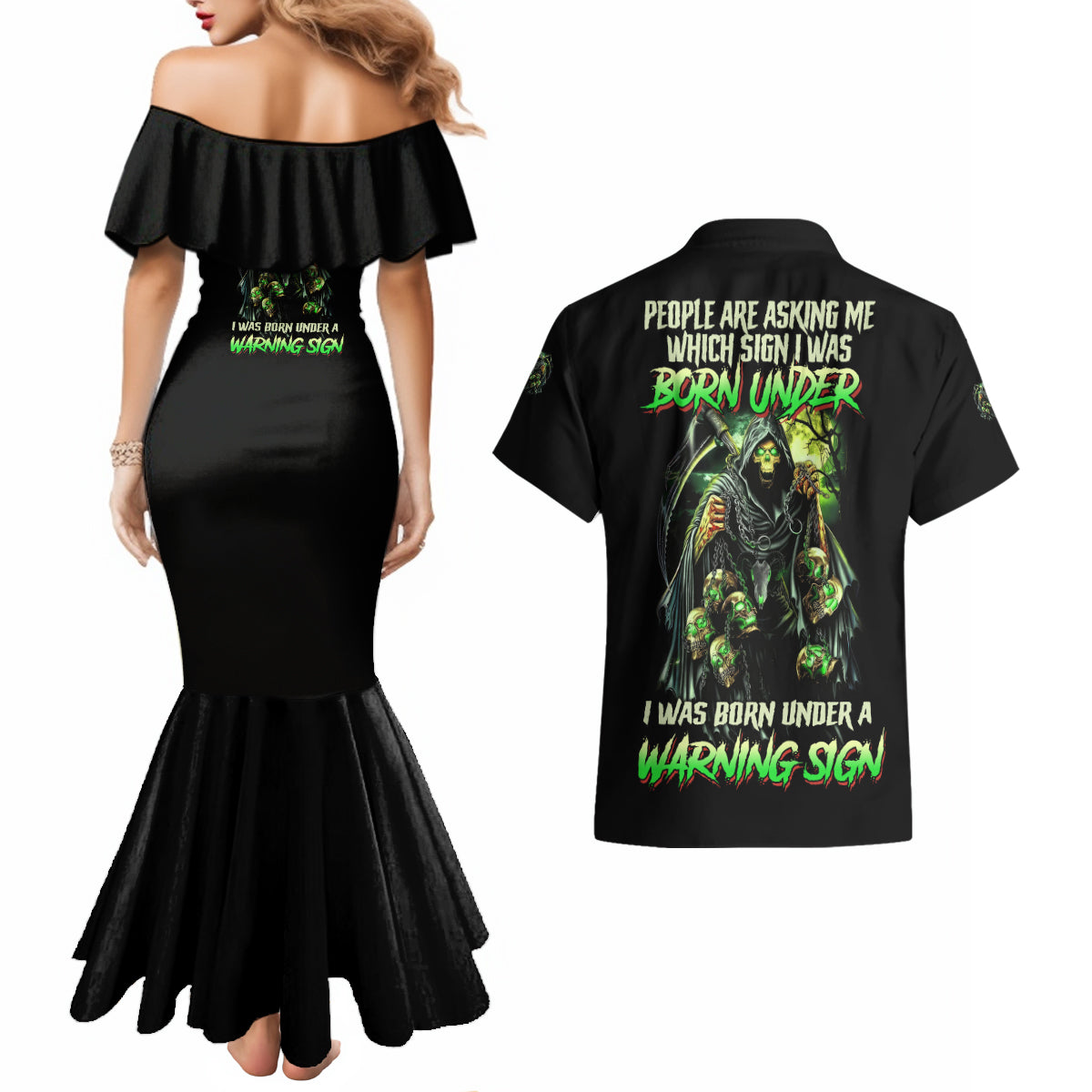 Warning Sign Skull Reaper Couples Matching Mermaid Dress and Hawaiian Shirt - Wonder Print Shop