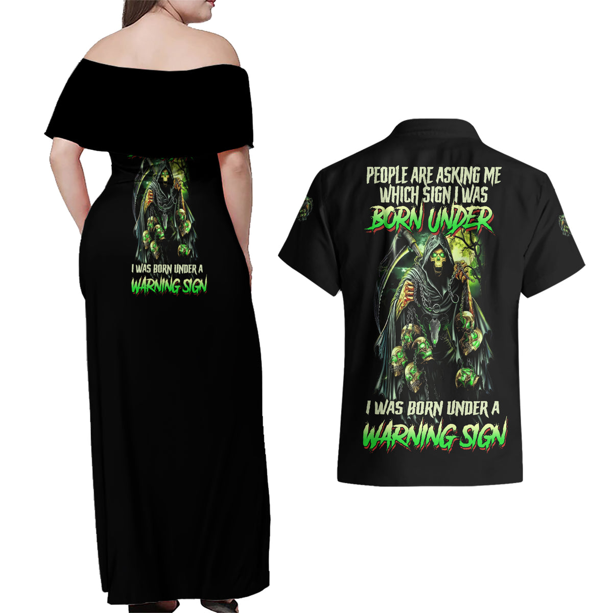 Warning Sign Skull Reaper Couples Matching Off Shoulder Maxi Dress and Hawaiian Shirt - Wonder Print Shop