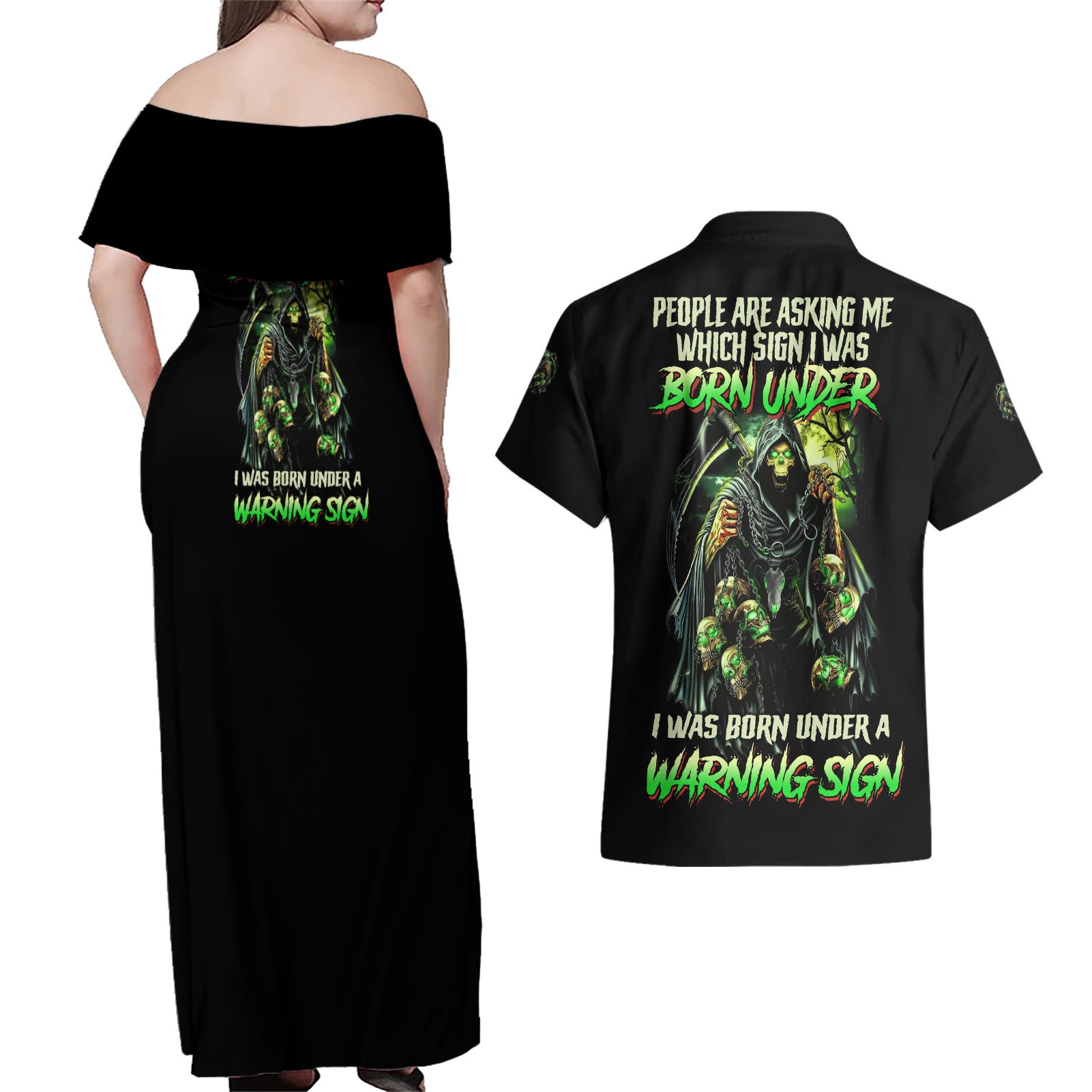 Warning Sign Skull Reaper Couples Matching Off Shoulder Maxi Dress and Hawaiian Shirt - Wonder Print Shop