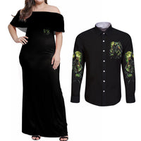 Warning Sign Skull Reaper Couples Matching Off Shoulder Maxi Dress and Long Sleeve Button Shirt - Wonder Print Shop