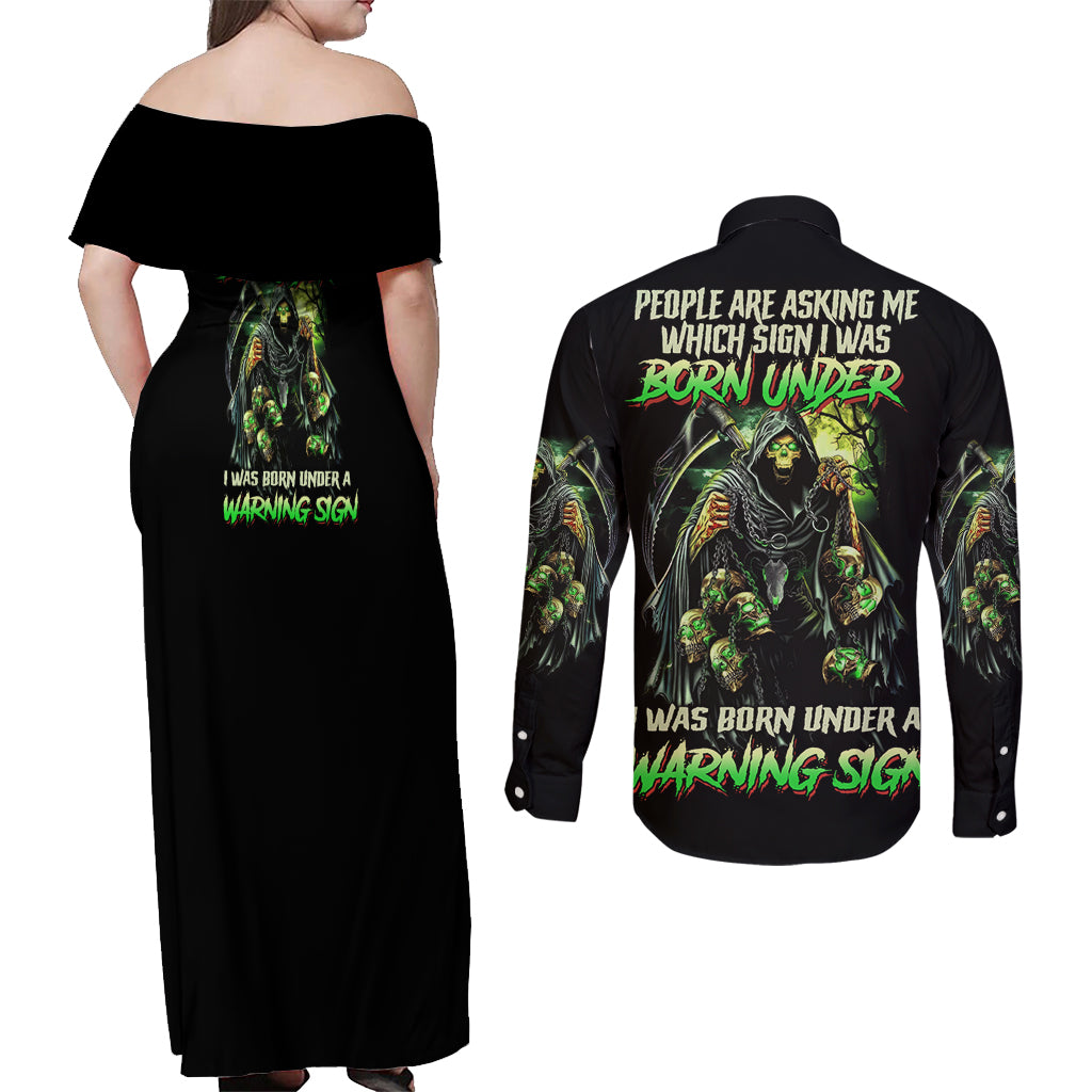 Warning Sign Skull Reaper Couples Matching Off Shoulder Maxi Dress and Long Sleeve Button Shirt - Wonder Print Shop