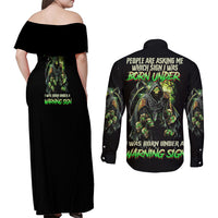 Warning Sign Skull Reaper Couples Matching Off Shoulder Maxi Dress and Long Sleeve Button Shirt - Wonder Print Shop