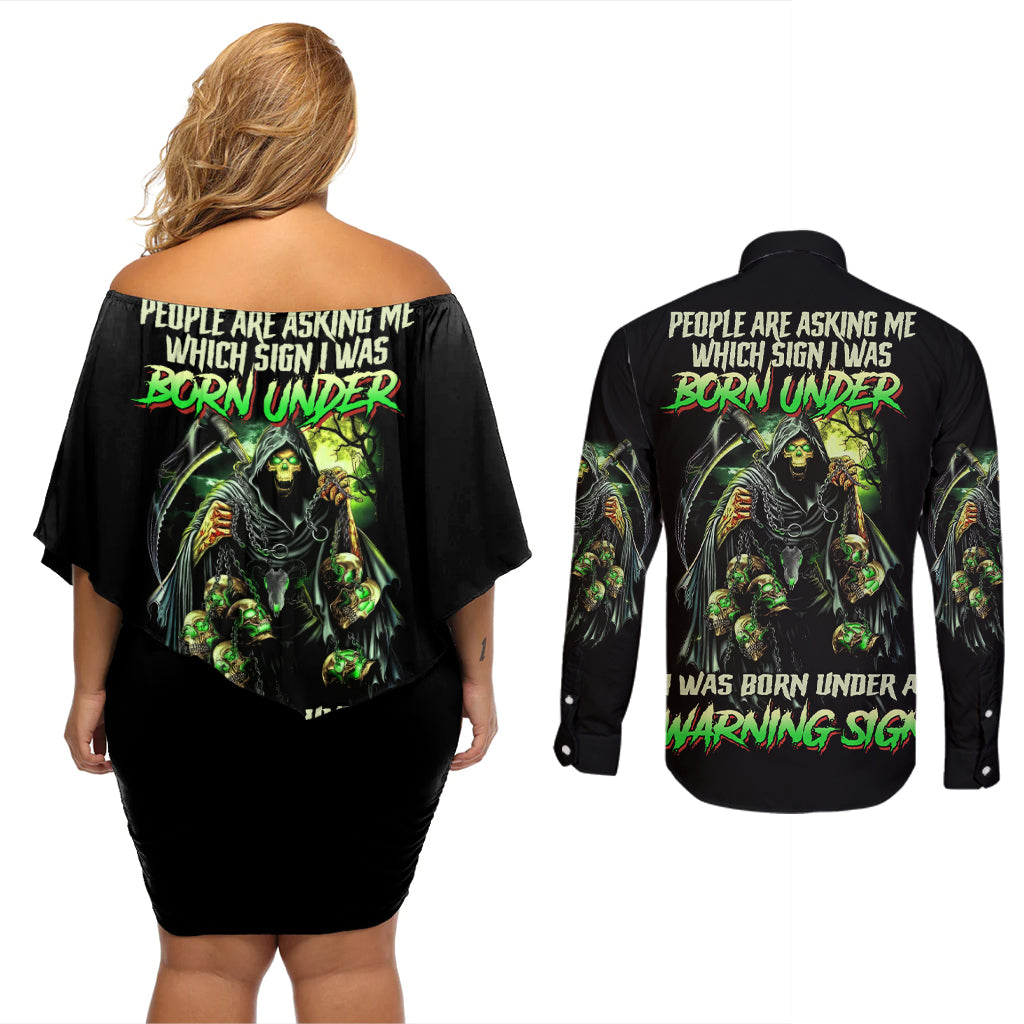 Warning Sign Skull Reaper Couples Matching Off Shoulder Short Dress and Long Sleeve Button Shirt - Wonder Print Shop