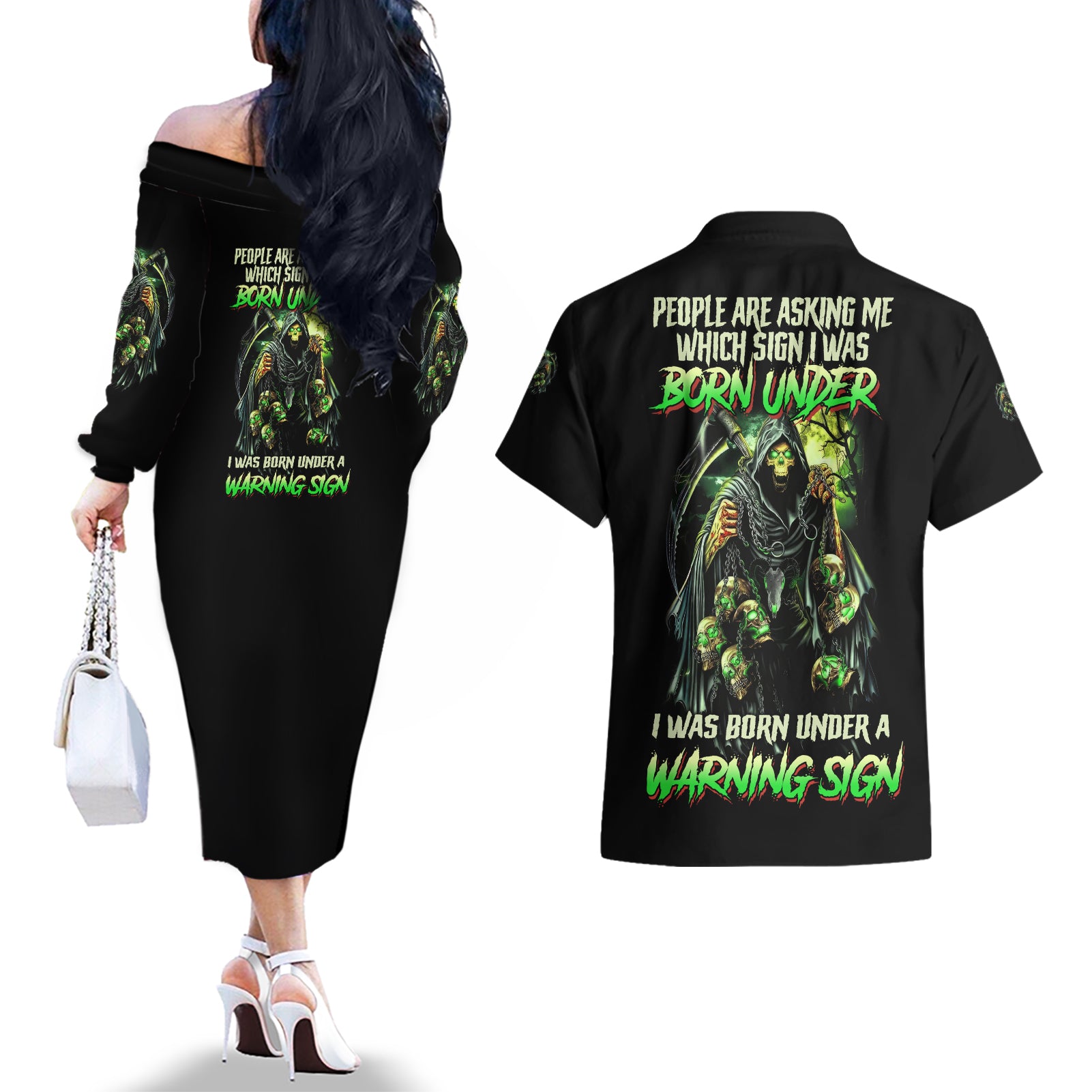Warning Sign Skull Reaper Couples Matching Off The Shoulder Long Sleeve Dress and Hawaiian Shirt - Wonder Print Shop