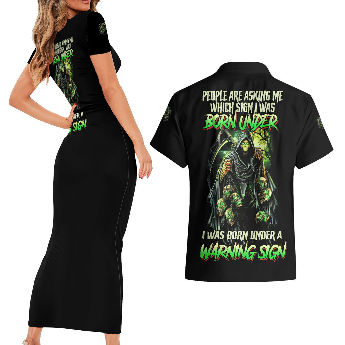 Warning Sign Skull Reaper Couples Matching Short Sleeve Bodycon Dress and Hawaiian Shirt - Wonder Print Shop