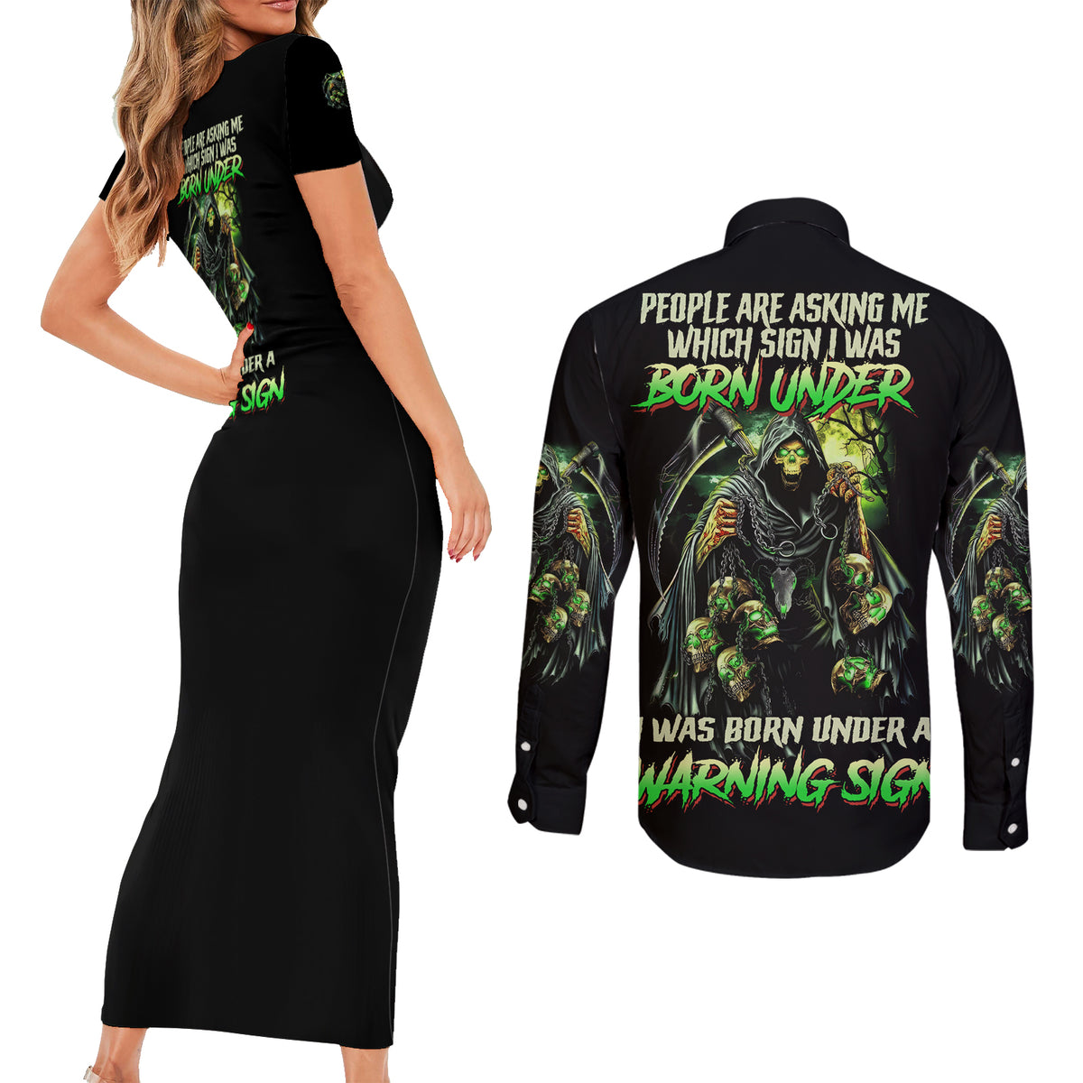 Warning Sign Skull Reaper Couples Matching Short Sleeve Bodycon Dress and Long Sleeve Button Shirt - Wonder Print Shop