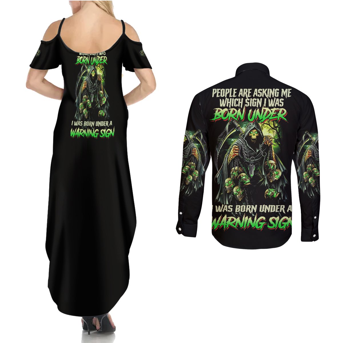 Warning Sign Skull Reaper Couples Matching Summer Maxi Dress and Long Sleeve Button Shirt - Wonder Print Shop