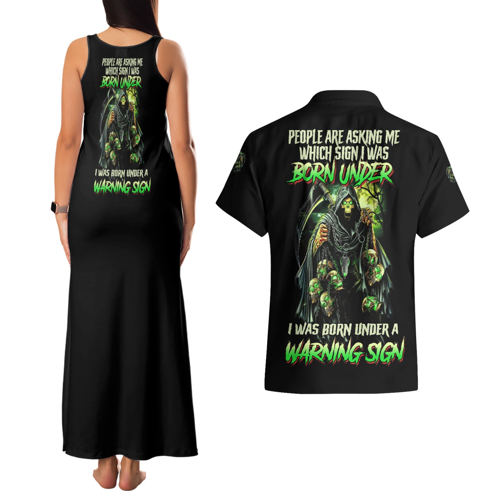 Warning Sign Skull Reaper Couples Matching Tank Maxi Dress and Hawaiian Shirt - Wonder Print Shop