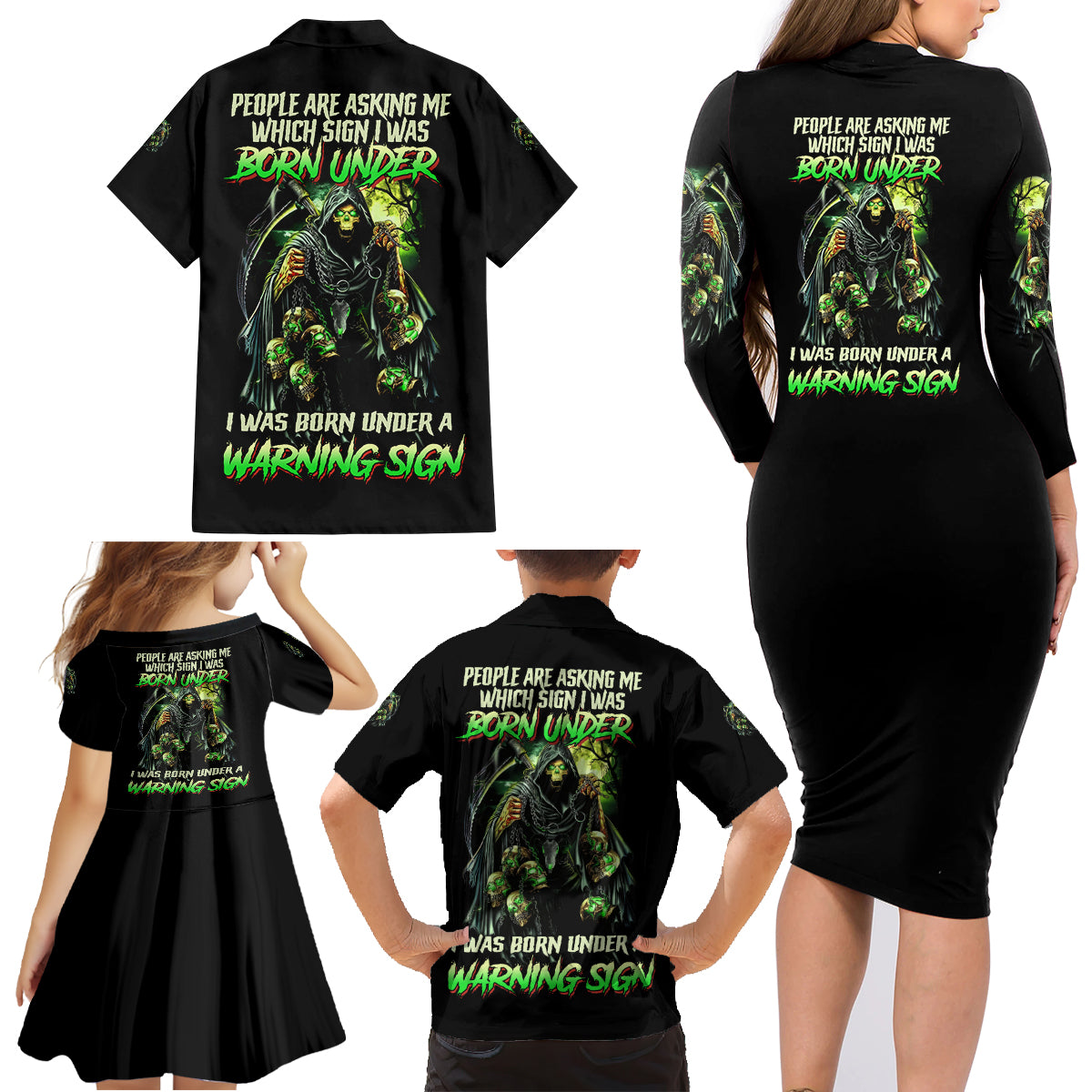 Warning Sign Skull Reaper Family Matching Long Sleeve Bodycon Dress and Hawaiian Shirt - Wonder Print Shop