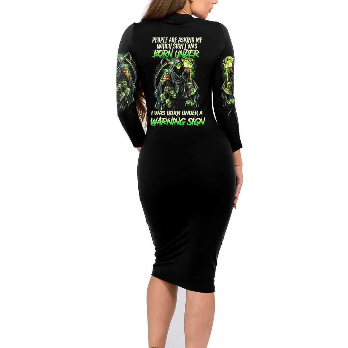 Warning Sign Skull Reaper Family Matching Long Sleeve Bodycon Dress and Hawaiian Shirt - Wonder Print Shop