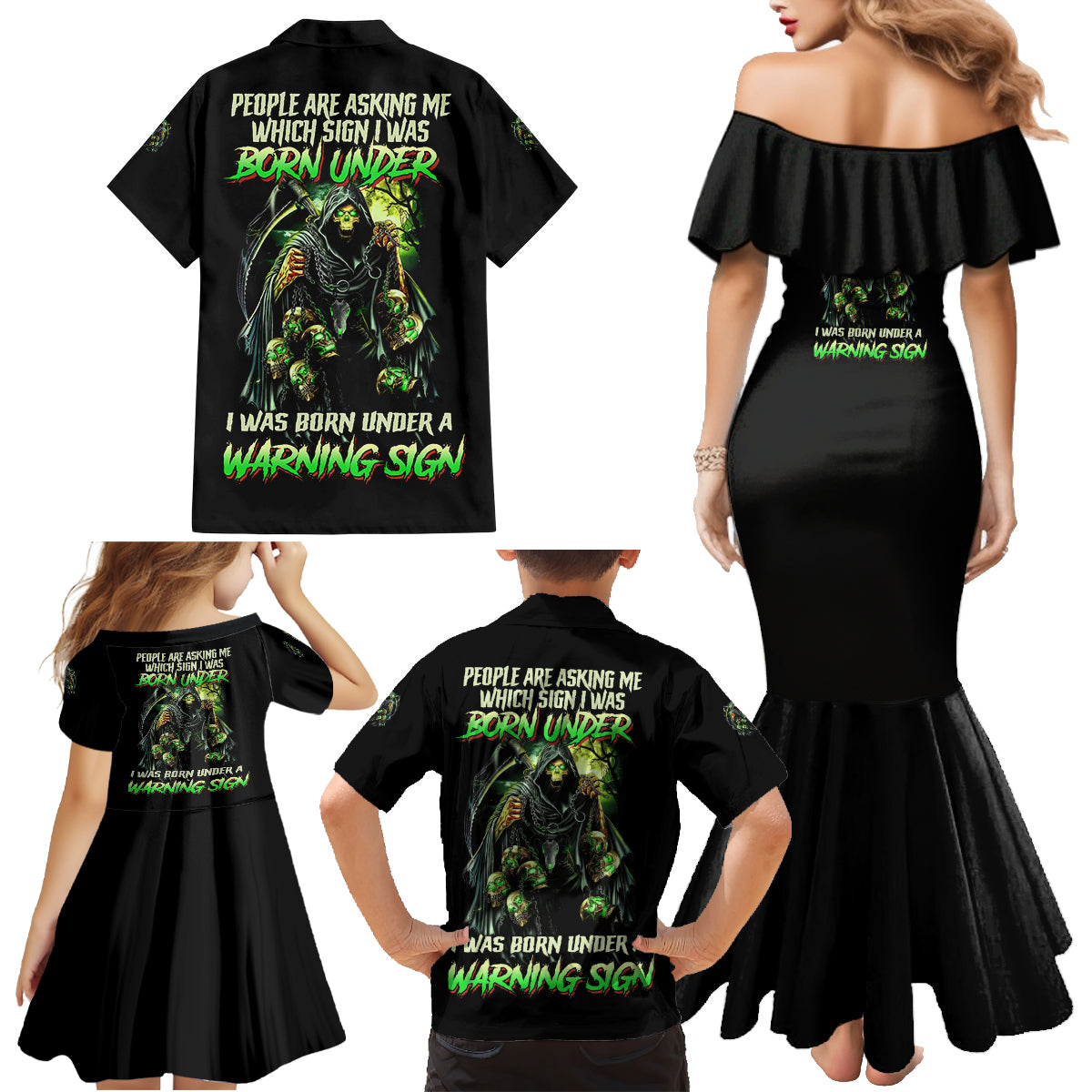 Warning Sign Skull Reaper Family Matching Mermaid Dress and Hawaiian Shirt - Wonder Print Shop