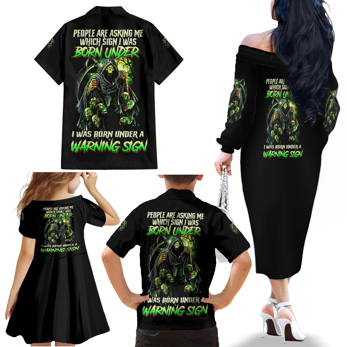 Warning Sign Skull Reaper Family Matching Off Shoulder Long Sleeve Dress and Hawaiian Shirt - Wonder Print Shop