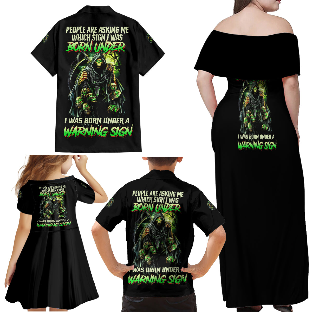 Warning Sign Skull Reaper Family Matching Off Shoulder Maxi Dress and Hawaiian Shirt - Wonder Print Shop
