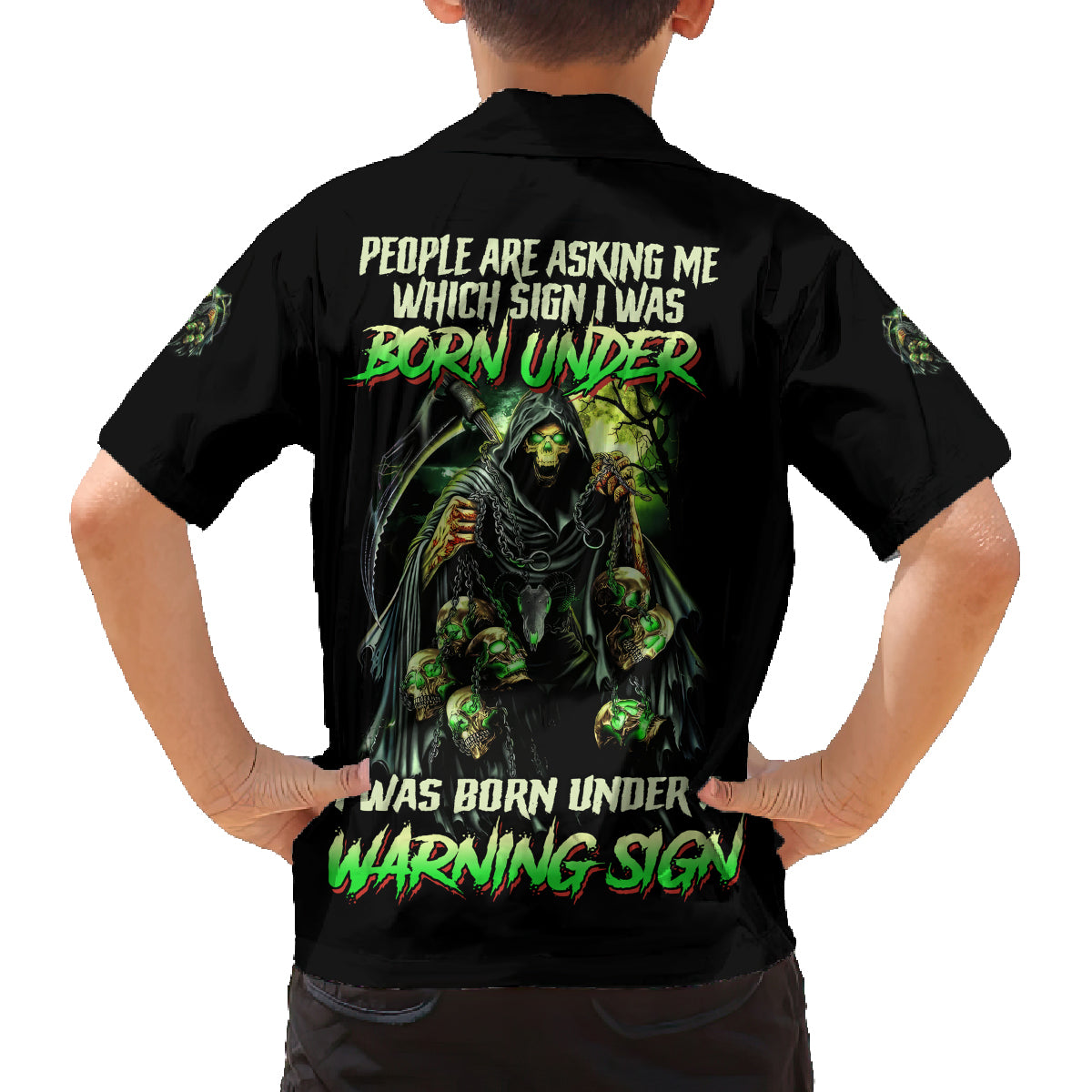 Warning Sign Skull Reaper Family Matching Off Shoulder Short Dress and Hawaiian Shirt - Wonder Print Shop