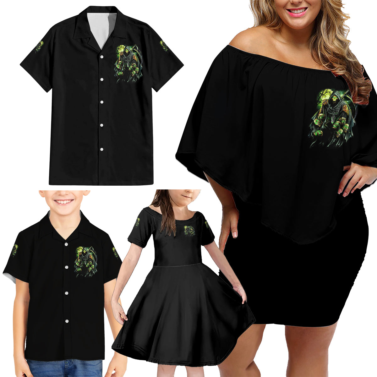 Warning Sign Skull Reaper Family Matching Off Shoulder Short Dress and Hawaiian Shirt - Wonder Print Shop