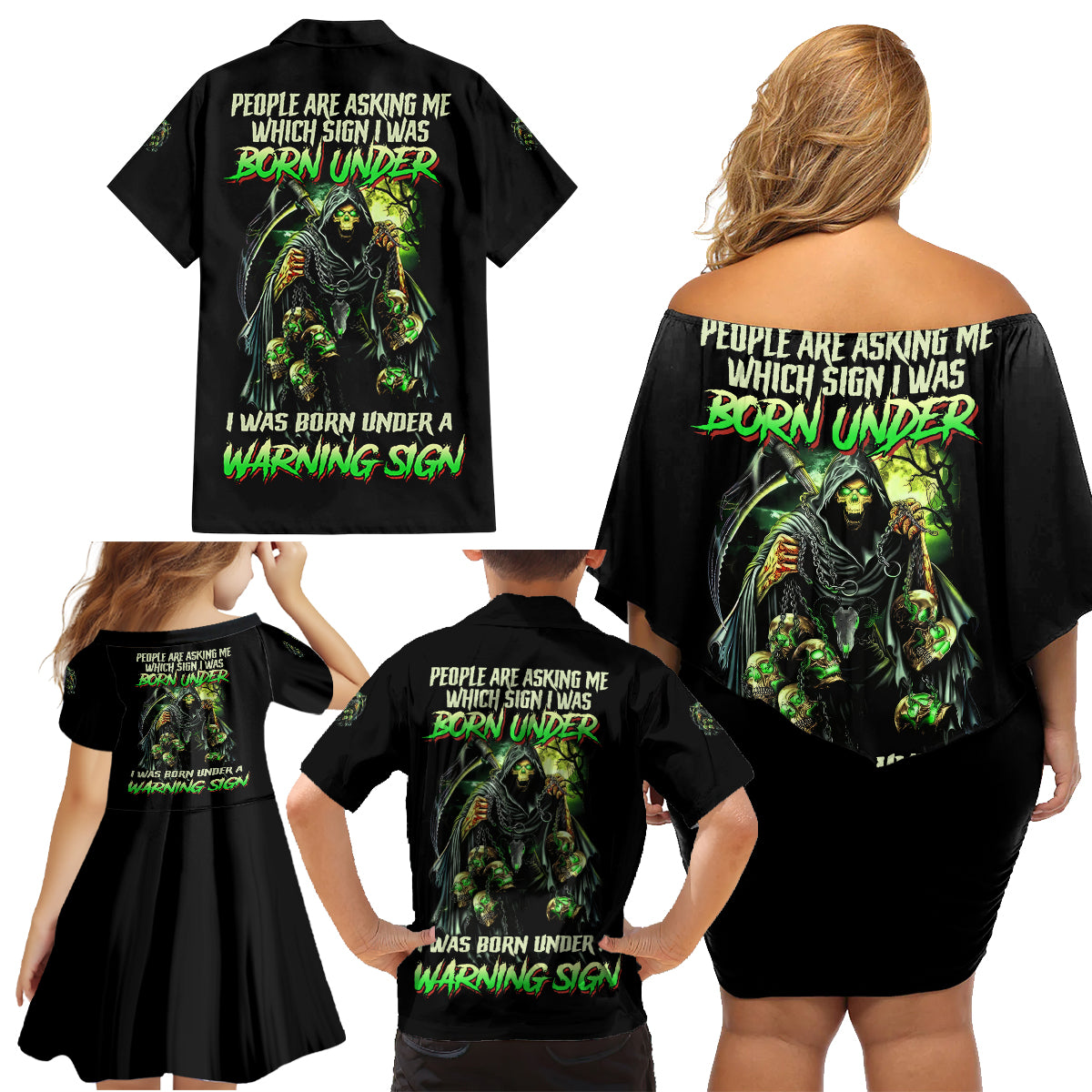 Warning Sign Skull Reaper Family Matching Off Shoulder Short Dress and Hawaiian Shirt - Wonder Print Shop