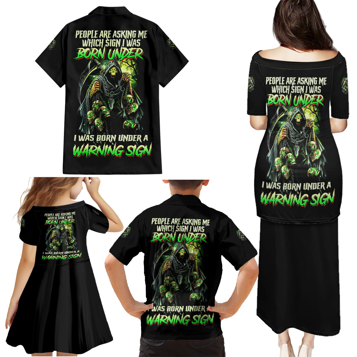 Warning Sign Skull Reaper Family Matching Puletasi Dress and Hawaiian Shirt - Wonder Print Shop