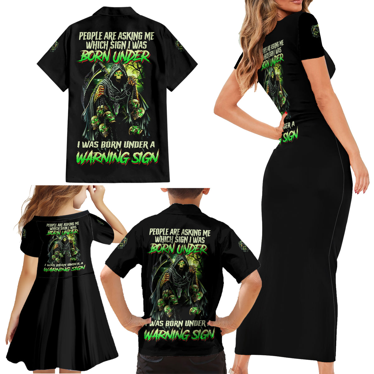 Warning Sign Skull Reaper Family Matching Short Sleeve Bodycon Dress and Hawaiian Shirt - Wonder Print Shop