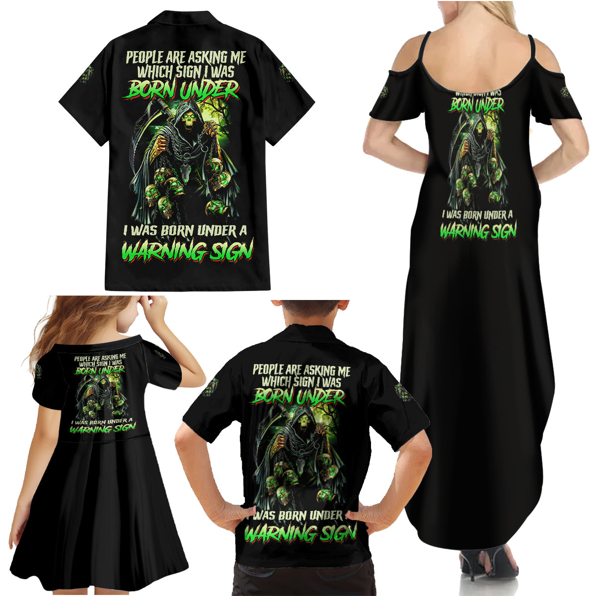 Warning Sign Skull Reaper Family Matching Summer Maxi Dress and Hawaiian Shirt - Wonder Print Shop