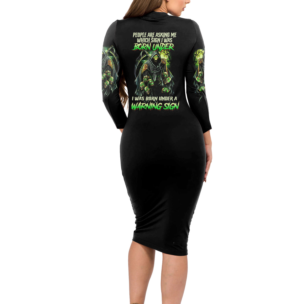 Warning Sign Skull Reaper Long Sleeve Bodycon Dress - Wonder Print Shop