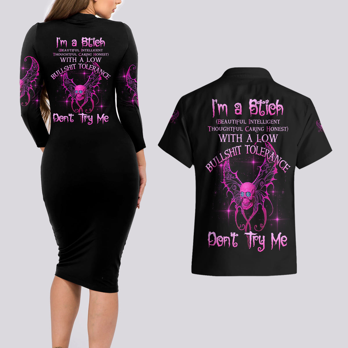 I'm A B Don't Try Me Couples Matching Long Sleeve Bodycon Dress and Hawaiian Shirt - Wonder Print Shop
