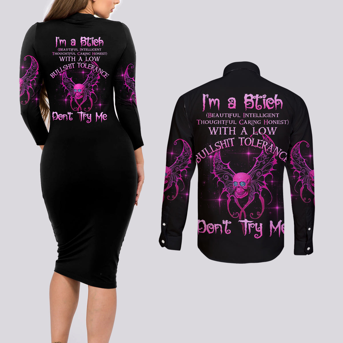 I'm A B Don't Try Me Couples Matching Long Sleeve Bodycon Dress and Long Sleeve Button Shirt - Wonder Print Shop