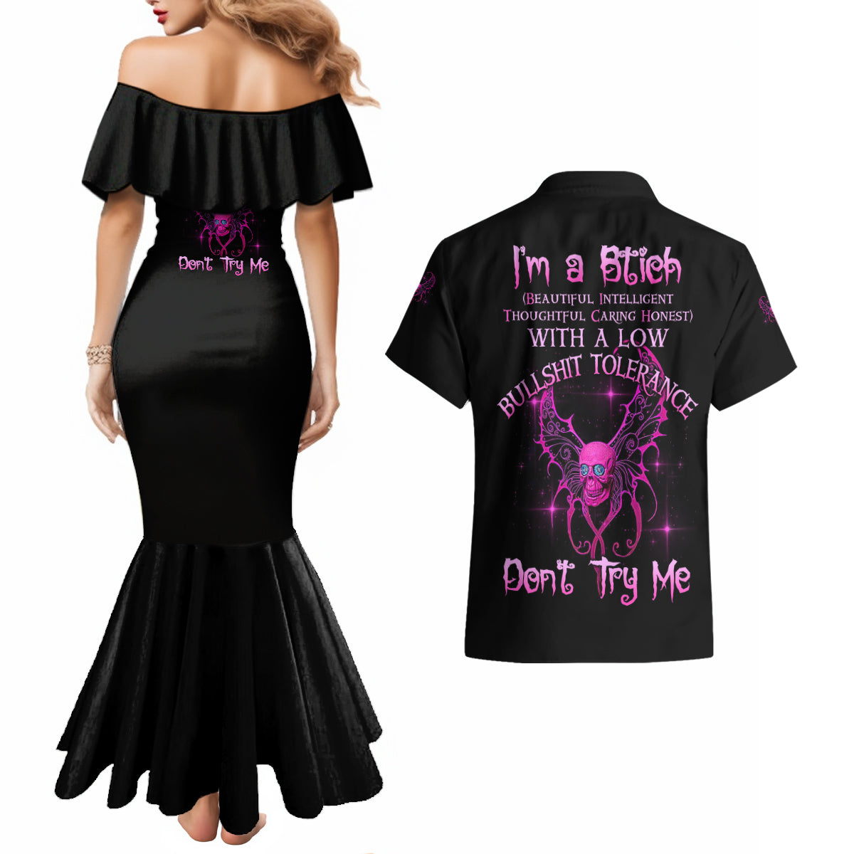 I'm A B Don't Try Me Couples Matching Mermaid Dress and Hawaiian Shirt - Wonder Print Shop