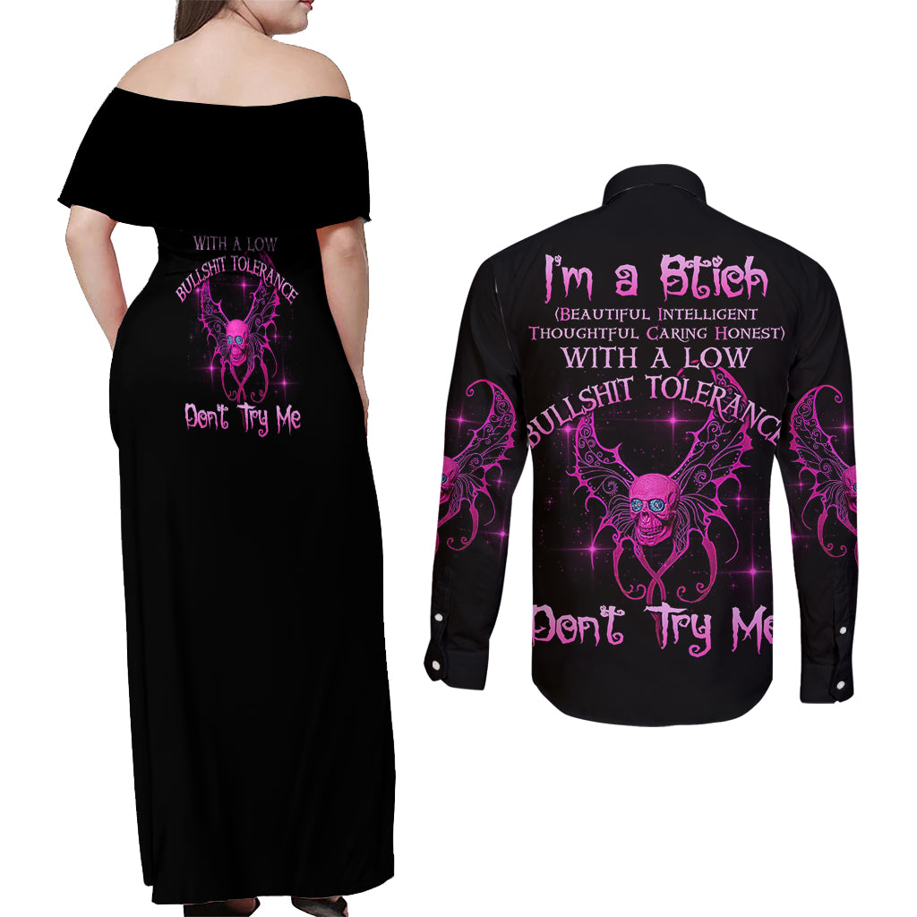I'm A B Don't Try Me Couples Matching Off Shoulder Maxi Dress and Long Sleeve Button Shirt - Wonder Print Shop