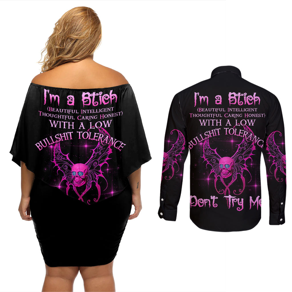 I'm A B Don't Try Me Couples Matching Off Shoulder Short Dress and Long Sleeve Button Shirt - Wonder Print Shop