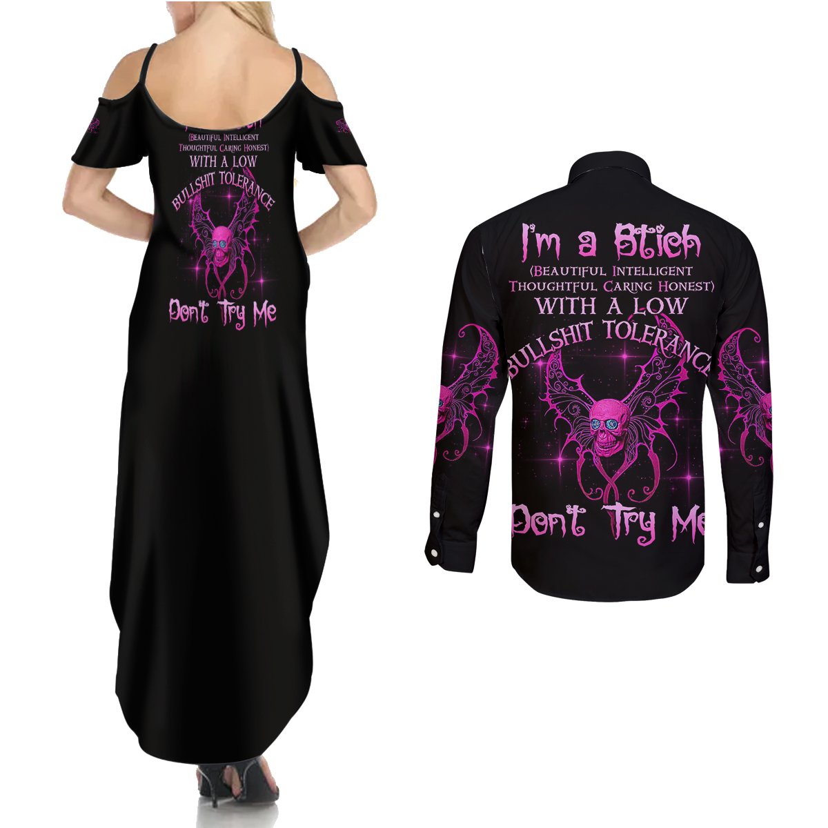 I'm A B Don't Try Me Couples Matching Summer Maxi Dress and Long Sleeve Button Shirt - Wonder Print Shop