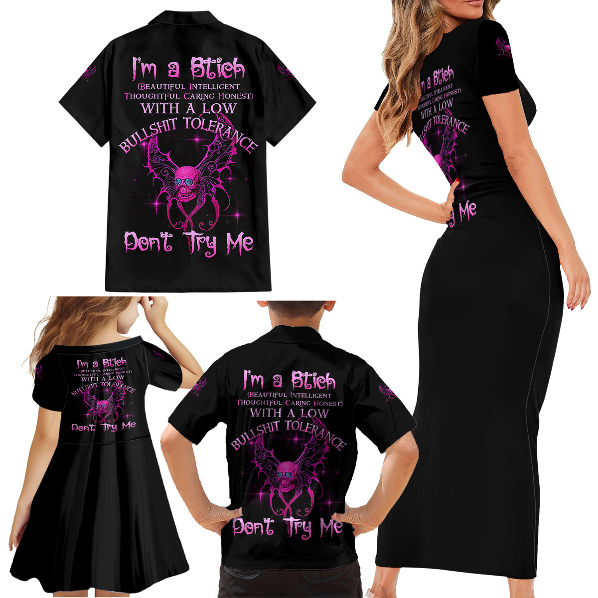 I'm A B Don't Try Me Family Matching Short Sleeve Bodycon Dress and Hawaiian Shirt - Wonder Print Shop