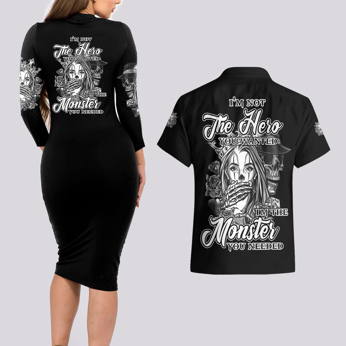 I'm Not The Hero You Want Couples Matching Long Sleeve Bodycon Dress and Hawaiian Shirt - Wonder Print Shop