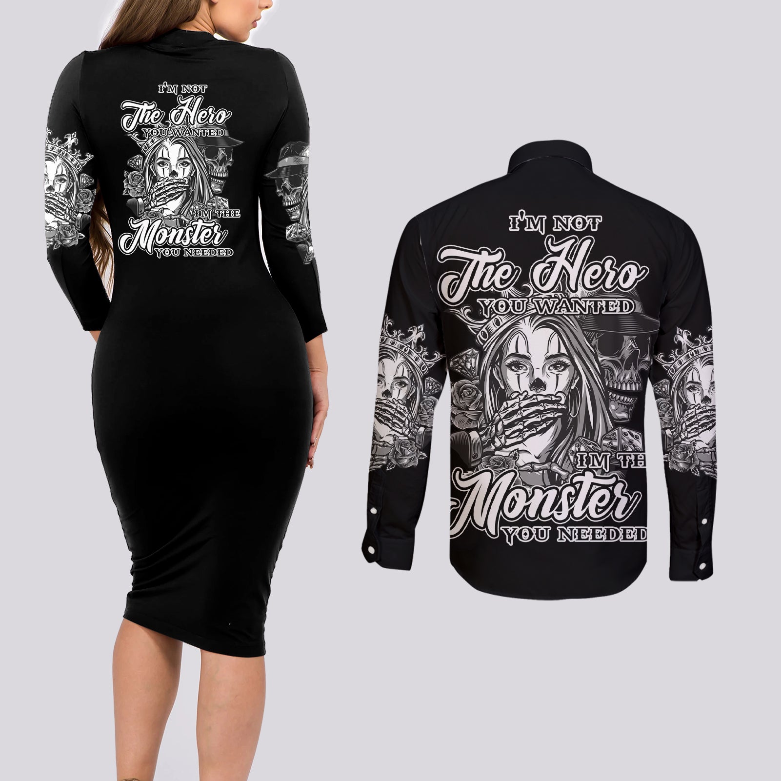 I'm Not The Hero You Want Couples Matching Long Sleeve Bodycon Dress and Long Sleeve Button Shirt - Wonder Print Shop
