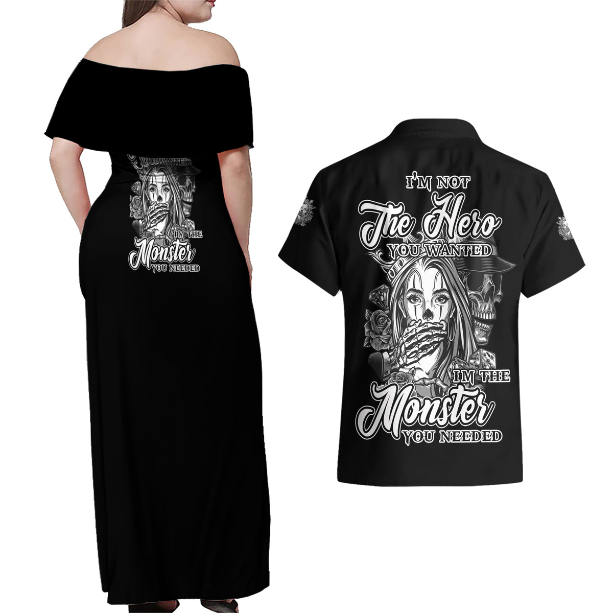 I'm Not The Hero You Want Couples Matching Off Shoulder Maxi Dress and Hawaiian Shirt - Wonder Print Shop