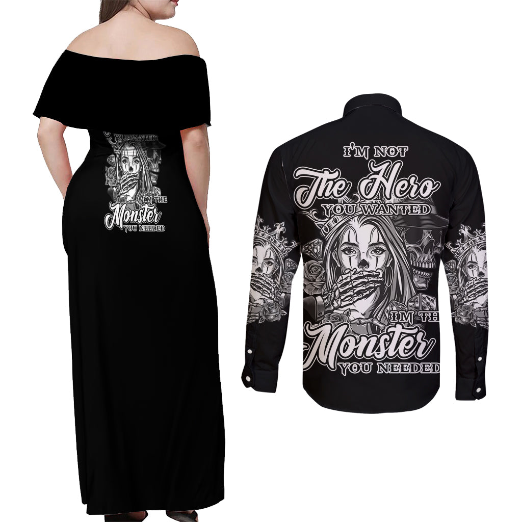 I'm Not The Hero You Want Couples Matching Off Shoulder Maxi Dress and Long Sleeve Button Shirt - Wonder Print Shop
