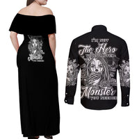 I'm Not The Hero You Want Couples Matching Off Shoulder Maxi Dress and Long Sleeve Button Shirt - Wonder Print Shop