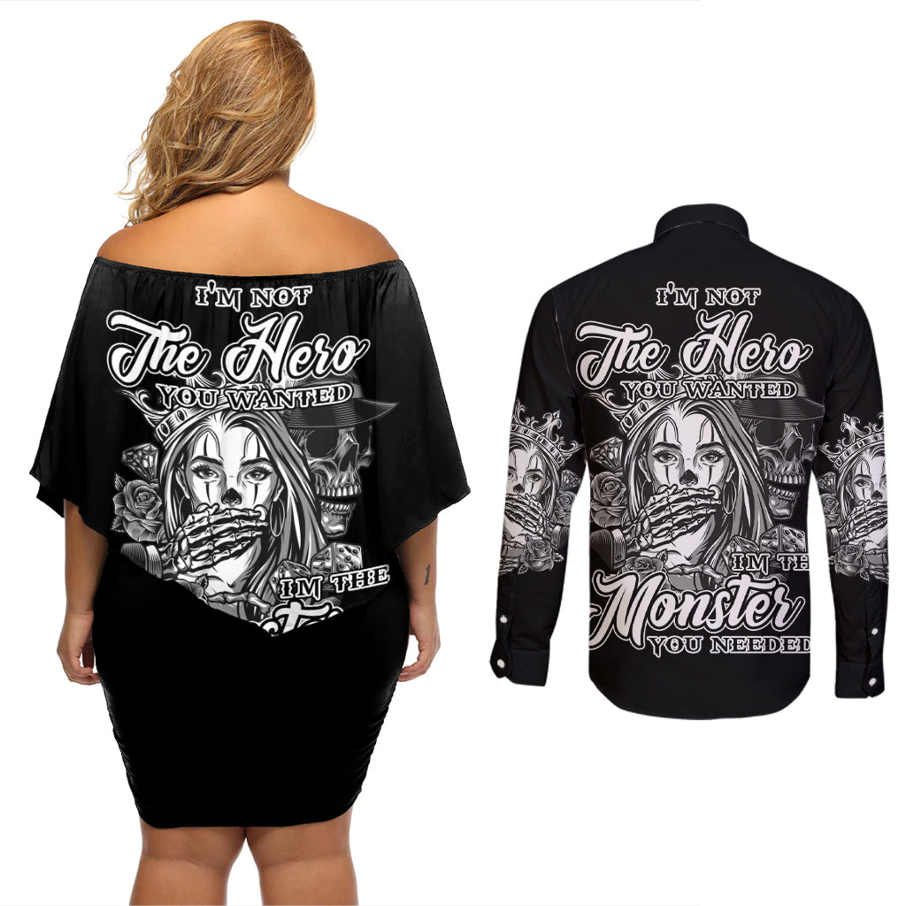 I'm Not The Hero You Want Couples Matching Off Shoulder Short Dress and Long Sleeve Button Shirt - Wonder Print Shop